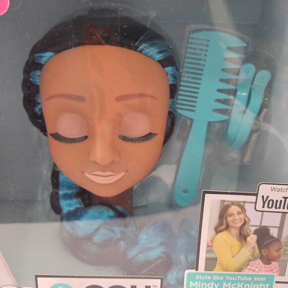 Cute Girls Hairstyles Styling Head Black with Blue Streaks 20 Piece Set NEW! - Picture 1 of 15